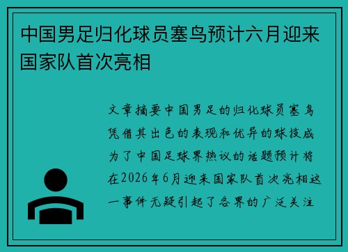 中国男足归化球员塞鸟预计六月迎来国家队首次亮相